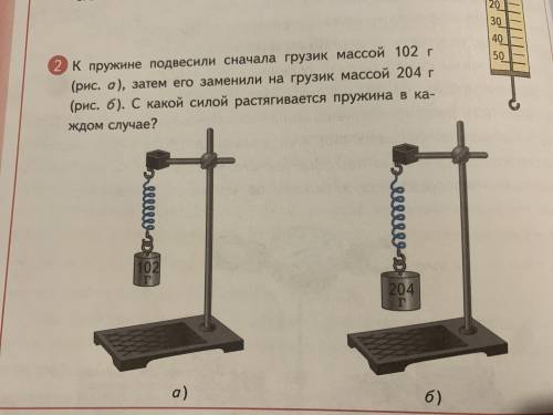 к пружине подвесили грузик массой 102 г затем его заменили на грузик массой 204 г. с какой силой рас