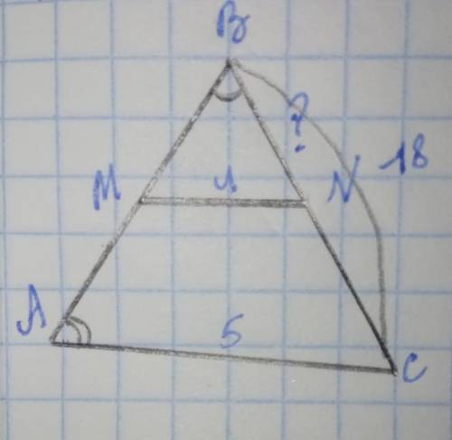 Дано: ∆ABC, MN || AC, MN=4см, AC=5см, BC=18см Найти: BN (Фото откроете полностью, чтобы было понятне