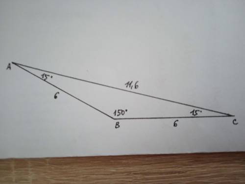 Розв'яжіть рівнобедрений трикутника за основою 6 см і кутом при основі 15 см