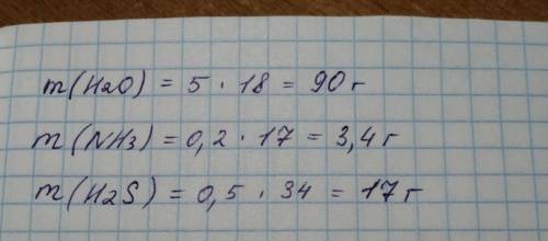 Найти массу 5 молей H2O 0,2 моль NH3 и 0,5 моль H2S