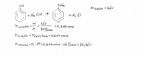 рассчитайте массу фенолята натрия полученного при взаимодействии 25 граммов фенола с раствором гидро