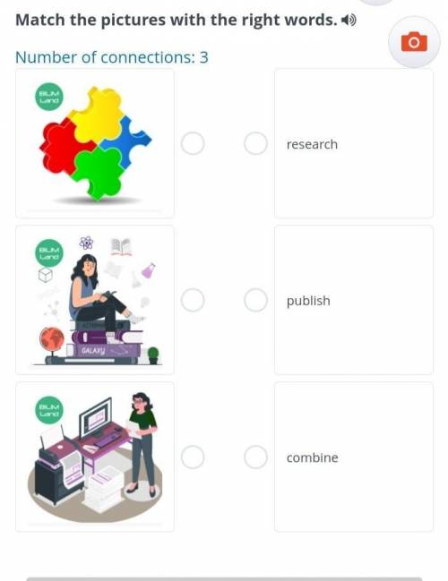 Verne Match the pictures with the right words. Number of connections: 3 ￼ ￼ ￼ research publish combi