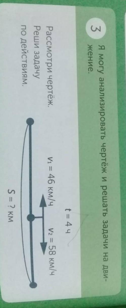 Расмотри чёртёж реши задачу по действиям t=4ч,v1=46км/ч,v2=58км/ч,s=?км