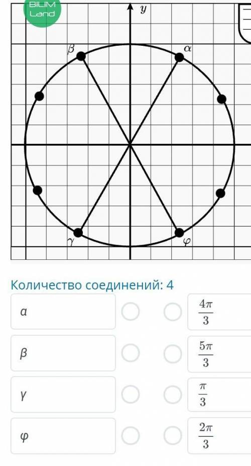 Каждая четверть круга на рисунке поделена точками на три равные части. Установи соответствие между ч