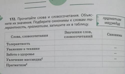 172. Прочитайте слова и словосочетания. Объяс- ните их значения. Подберите синонимы к словам то- лер