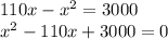 110x-x^{2} =3000\\x^{2} - 110x+3000 = 0\\