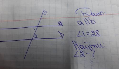 На рисунке прямые а и б параллельны, угол 1 равен 28°. Найдите угол 2