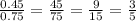 \frac{0.45}{0.75} = \frac{45}{75 } = \frac{9}{15} = \frac{3}{5}