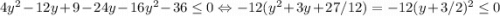 4y^2-12y+9 - 24y-16y^2-36 \leq 0 \Leftrightarrow -12(y^2+3y+27/12) =-12(y+3/2)^2\leq 0