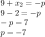 9 + x_2 = -p\\9 - 2 = -p\\-p = 7\\p = -7