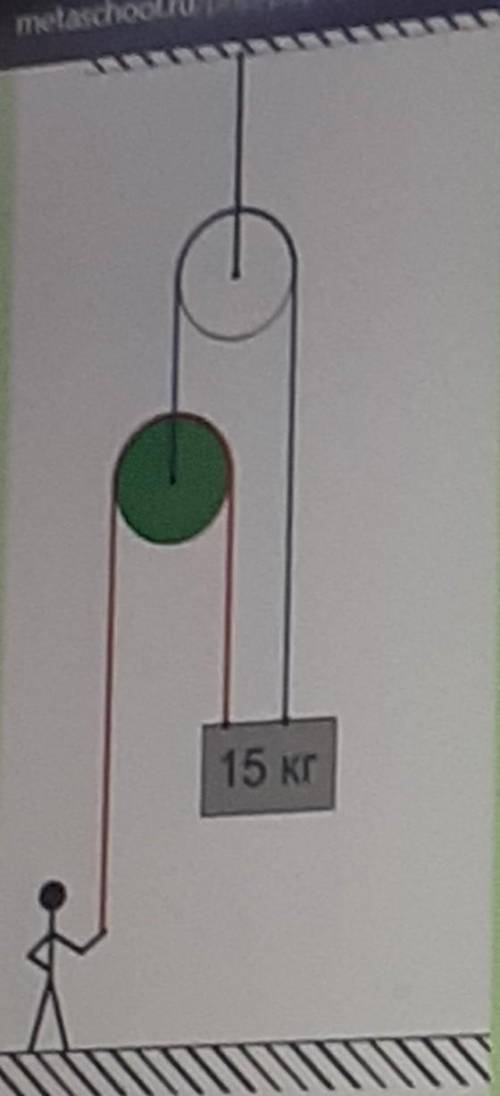 Чтобы удержать груз неподвижно, человек тянет за веревку с силой 40Н. Масса груза равна 15кг. Найдит