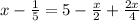 x - \frac{1}{5} = 5 - \frac{x}{2} + \frac{2x}{4}