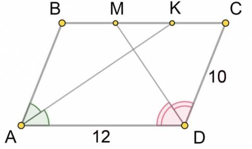 В параллелограмме ABCD стороны AD и CD равны 12 см и 10 см. AK и DM - биссектрисы углов A и D соотве