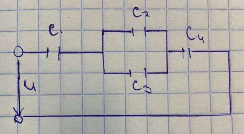 Цепь со смешенным соединением состоит из 4-х конденсаторов. Дано напряжение на зажимах батареи. Опре