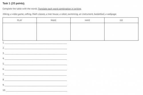 Task 1 (20 points). Complete the table with the words. Translate each word combination in writing. H