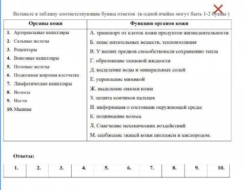 Вставьте в таблицу соответствующие буквы ответов (в одной ячейке могут быть 1-2 буквы)