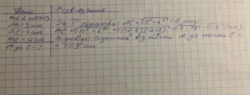 Відрізок МА перпендикулярний до площини прямокутника ABCD, у якого AB=3 см, ВС=4 см. Знайдіть відста