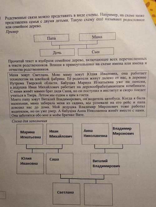 Родственные связи можно представить в виде схемы. Например, на схеме ниже представлена семья с двумя