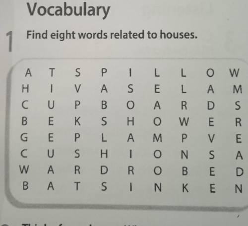 Vocabulary 1Find eight words related to houses.A T S Р 1 L L 0 WH 1 V A S E L A MC U Р B. O А R. D S