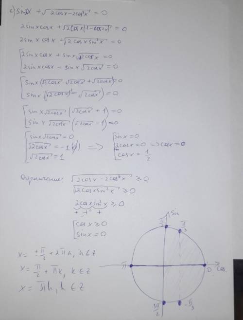 A) sin2x+sqrt(2cosx-2cos^3x)=0почему у меня решено неверно?(в ответах п/3 не включают)