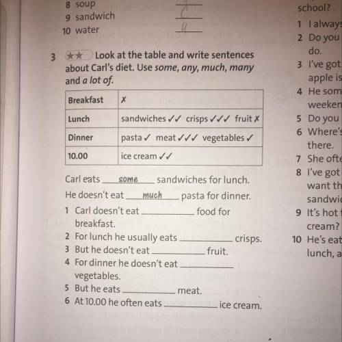 Look at the table and write sentences about Carl's diet. Use some, any, much, many and a lot of Brea