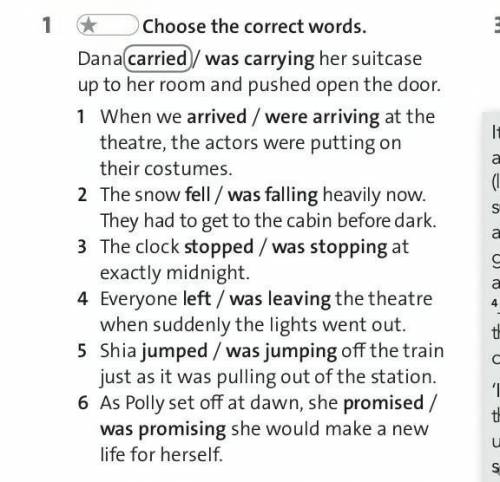 Choose the correct words. Dana carried / was carrying her suitcase up to her room and pushed open th