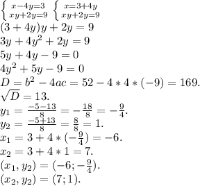 \left \{ {{x-4y=3} \atop {xy+2y=9}} \right. \left \{ {{x=3+4y} \atop {xy+2y=9}} \right. \\&#10;(3+4y)y+2y=9\\&#10;3y+4y^2+2y=9\\&#10;5y+4y-9=0\\&#10;4y^2+5y-9=0\\&#10;D=b^2-4ac=52-4*4*(-9) = 169. \\&#10;\sqrt{D} = 13.\\&#10;y_{1} = \frac{-5-13}{8}=-\frac{18}{8}=-\frac{9}{4} . \\&#10;y_{2} = \frac{-5+13}{8}=\frac{8}{8} =1.\\&#10;x_{1} = 3+4*(-\frac{9}{4} )=-6.\\&#10;x_{2} = 3+4*1=7.\\&#10;(x_{1},y_{2}) = (-6;-\frac{9}{4} ).\\&#10;(x_{2},y_{2})=(7;1).