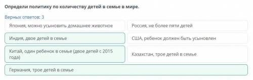 Определи политику по количеству детей в семье в мире. Верных ответов: 3 Россия, не более пяти детей