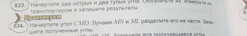 HELP HELP Начертите угол CMD лучами MN и ML разделите его на части и запишите полученные углы