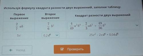 Используя формулу квадрата разности двух выражений,заполни таблицу.