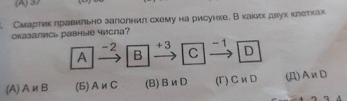 Смартик правильно заполнил схему на рисунке. В каких двух клетках оказались равные числа? A-2 B+3C-1