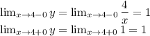 \lim_{x \to 4-0} y= \lim_{x \to 4-0} \dfrac{4}{x}=1\\&#10; \lim_{x \to 4+0} y= \lim_{x \to 4+0}1=1