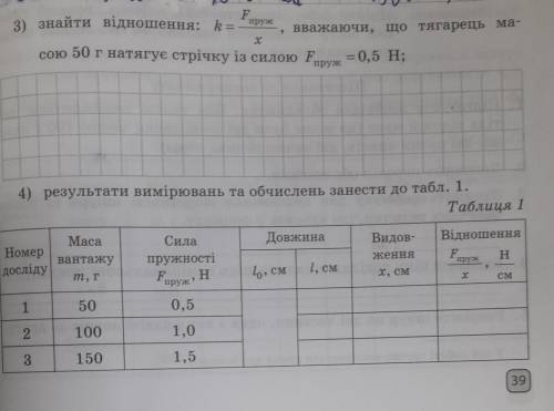 F 3) знайти відношення: k = пруж вважаючи, що тягарець ма- сою 50 г натягує стрічку із силою Fпруж