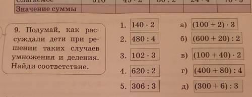 9. Подумай, как рас- суждали дети при ре- шении таких случаев умножения и деления. Найди соответстви