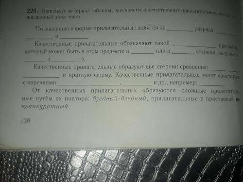 220.Используя материал таблицы, расскажите о качественных прилагательных, восстановивтниже текс.