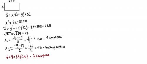 УМОЛЯЮ Найдите стороны прямоугольника площадь которого равна 52 см в квадрате,а одна из сторон на 9