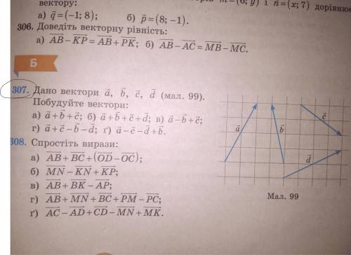 Дано вектори a ,b,c,d (мал 99) Побудуйте вектори Завдання на фото ( номер 307)
