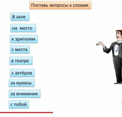 Поставь вопросы к словам В зале на место к зрителям с места в театре с актёров за кулисы за внимание