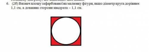 Визнач плошу зафарбованої на малюнку фігури, якщо діаметр круга дорівнює 1,1 см, а довжина сторони к