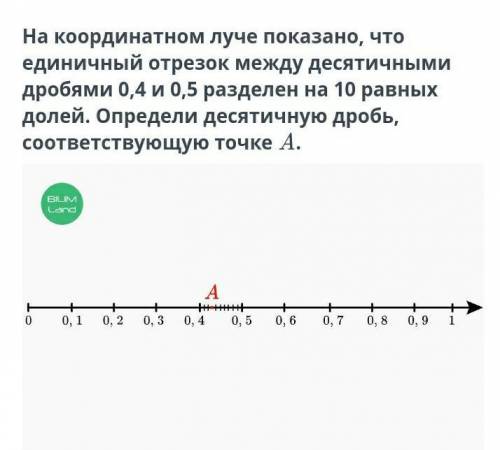 На координатном луче показано, что единичный отрезок между десятичными дробями 0,4 и 0,5 разделен на