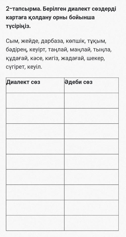 1-тапсырма. Мәтіннен диалект сөздерді тауып олардың әдеби тілдегі қолданысын жаз. Бес жасар Бейсенба