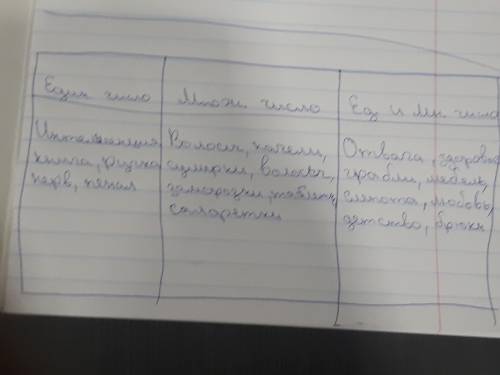 Распределить слова в 3 колонки: 1- только единственное число, 2- только множественное число, 3- и ед