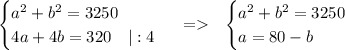 \begin{cases}a^2+b^2=3250\\4a+4b=320\quad|:4\end{cases}\ = \ \ \begin{cases}a^2+b^2=3250\\a=80-b\end{cases}