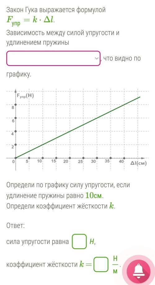 Закон Гука выражается формулой Fупр=k•∆I Зависимость между силой упругости и удлинением пружины (как