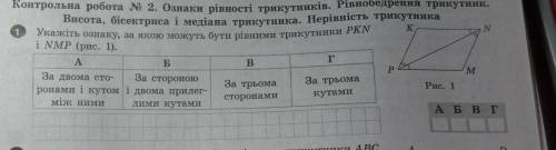 Укажіть ознаку, за якою можуть бути рівними трикутники PKN і NMP (рис. 1). (7клас)