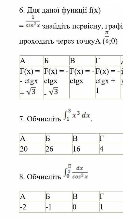 f(x)=1: sin^2 x знайти первісну графіка яка проходить через точку А (П:6,0)^3S 1. x^3dx