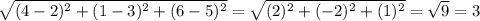 \sqrt{(4-2)^2 + (1-3)^2 +(6-5)^2 } = \sqrt{(2)^2+(-2)^2+(1)^2} = \sqrt{9} = 3