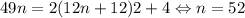 49n=2(12n+12)2+4 \Leftrightarrow n=52