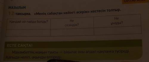 РАЗЫ ЖАЗЫЛЫМ 1-тапсырма. «Менің сабақтан кейінгі әсерім» кестесін толтыр. Қандай ой пайда болды? Не