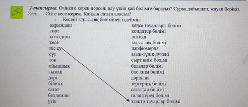 2-тапсырма. Өзіңізге керек нәрсені алу үшін қай бөлімге барасыз? Сұрақ дайындап, жауап беріңіз. Үлгі